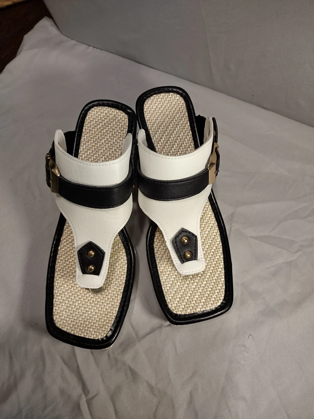 White and Black Wedge Thong Sandals
